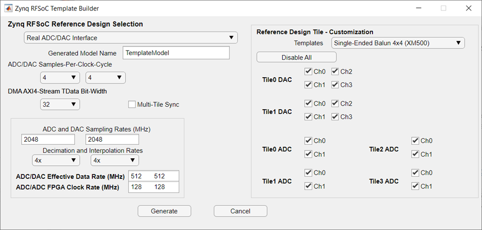 Zynq RFSoC Template Builder tool, open for configuration