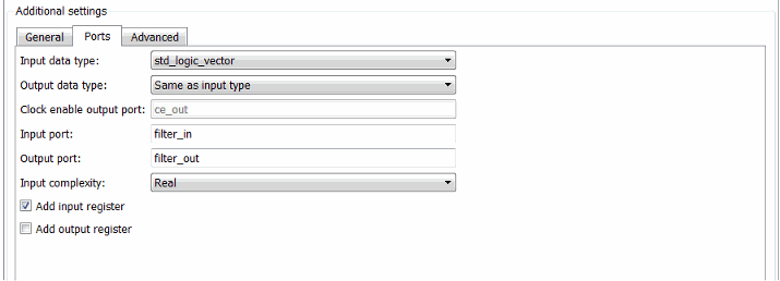 Ports tab of the Generate HDL tool, with the Add output register option unchecked