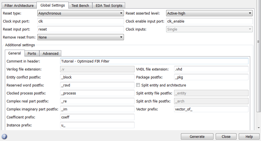 Global Settings tab of the Generate HDL tool