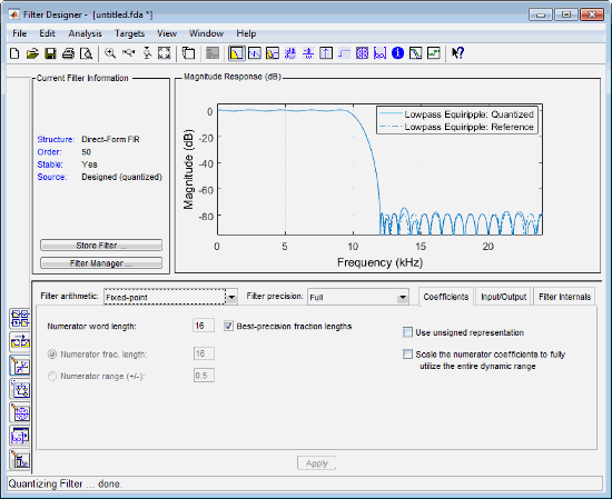 Filter Designer tool showing filter response and filter precision options