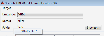 Portion of Generate HDL tool with a What's This pop up button