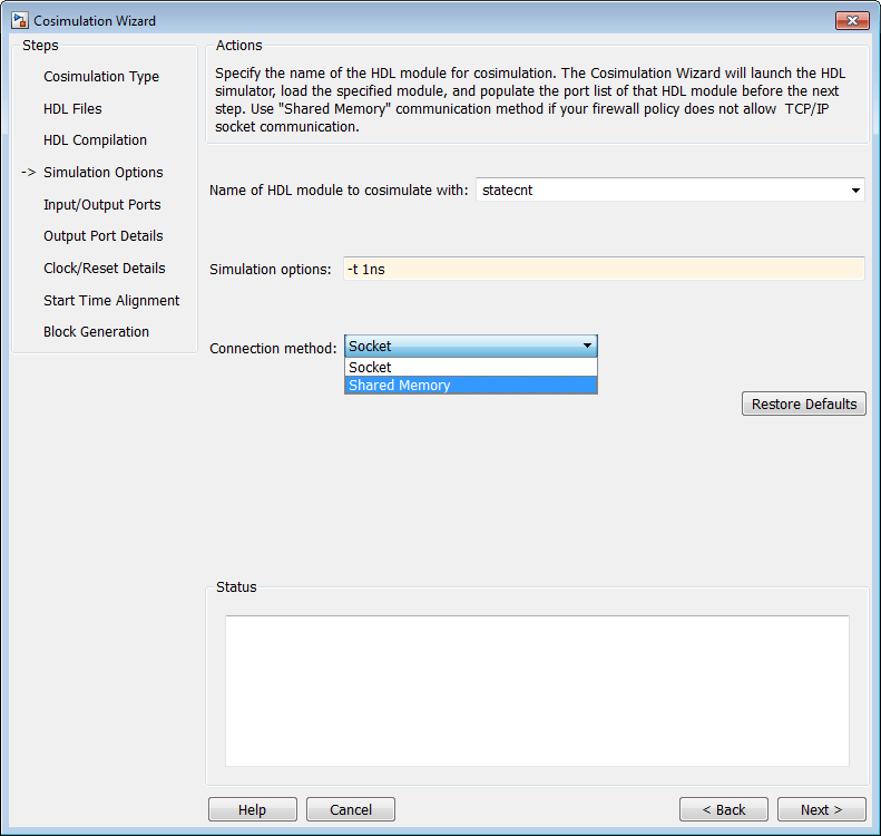 The cosimulation wizard is open on Simulation Options pane, configured for Modelsim.