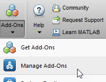 On the MATLAB tool bar, from the Add-Ons menu, select Manage Add-Ons.