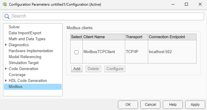 Modbus Configuration pane