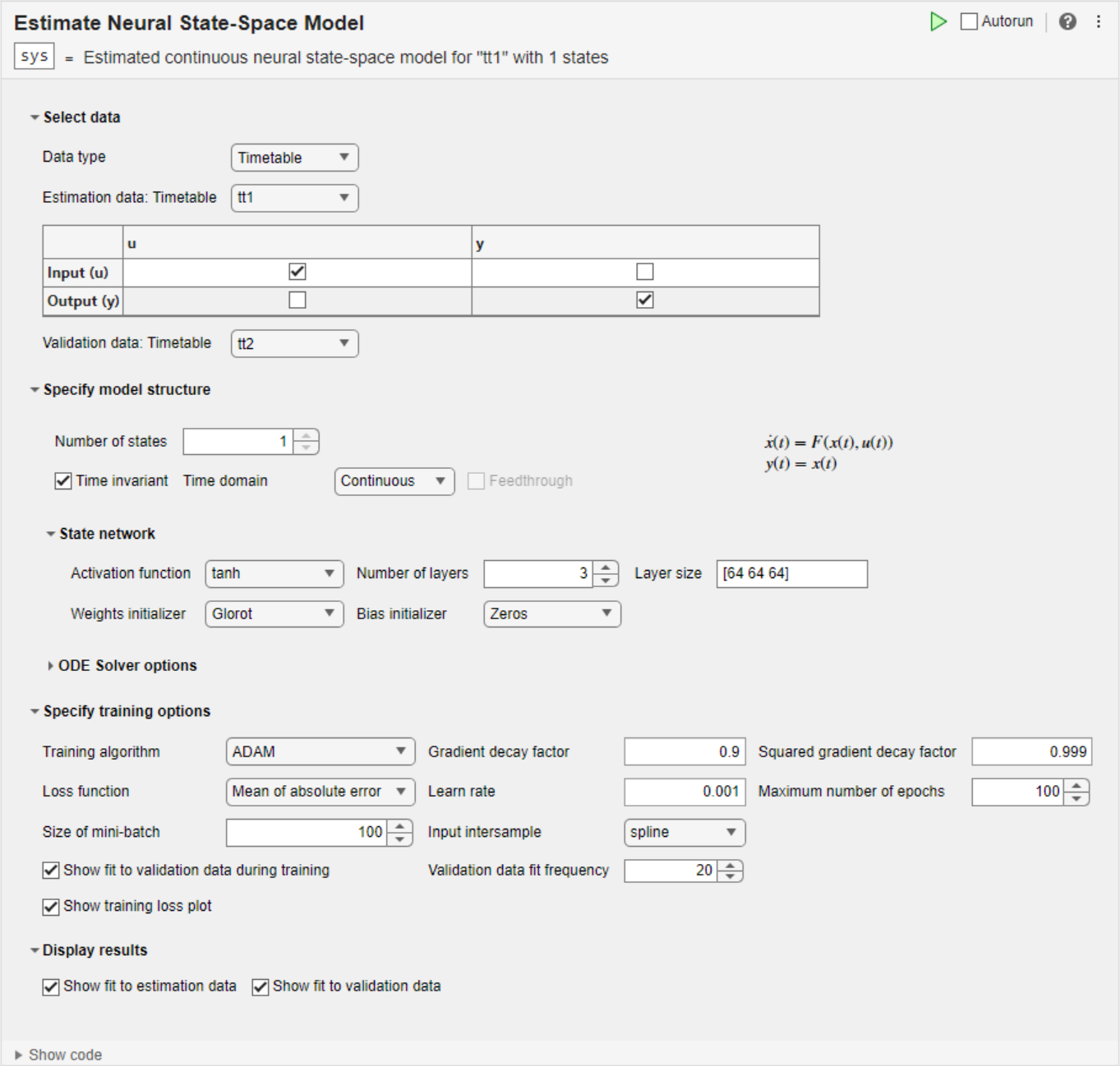 Estimate Neural State-Space Model task in Live Editor