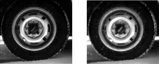 Original image of a tyre and a processed image in which each pixel is set to the maximum value in its 3-by-3 neighborhood using the nlfilter function.