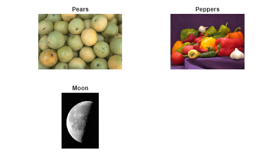 Figure contains 3 axes objects. Hidden axes object 1 with title Pears contains an object of type image. Hidden axes object 2 with title Peppers contains an object of type image. Hidden axes object 3 with title Moon contains an object of type image.