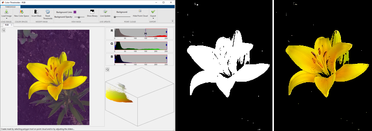 Color Thresholder app with interactive controls for selecting ranges of color values in the RGB color space using sliders and a 3-D color cloud.