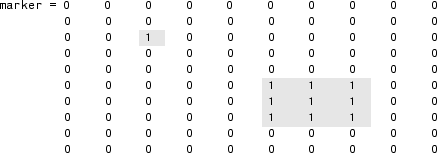 The binary marker image, returned as a 10-by-10 logical matrix. Elements at the location of the regional minima of the mask image are equal to 1, and are highlighted in gray.