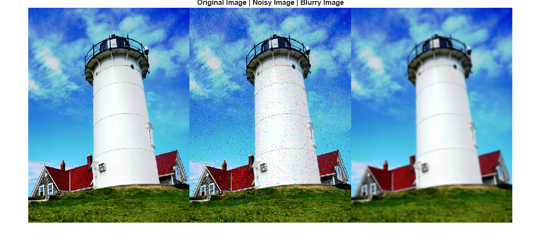 Figure contains an axes object. The hidden axes object with title Original Image | Noisy Image | Blurry Image contains an object of type image.