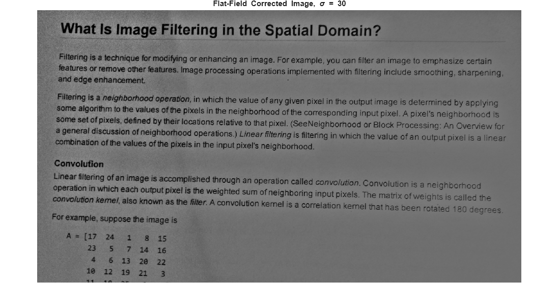 Figure contains an axes object. The hidden axes object with title Flat-Field blank Corrected blank Image, blank sigma blank = 30 contains an object of type image.