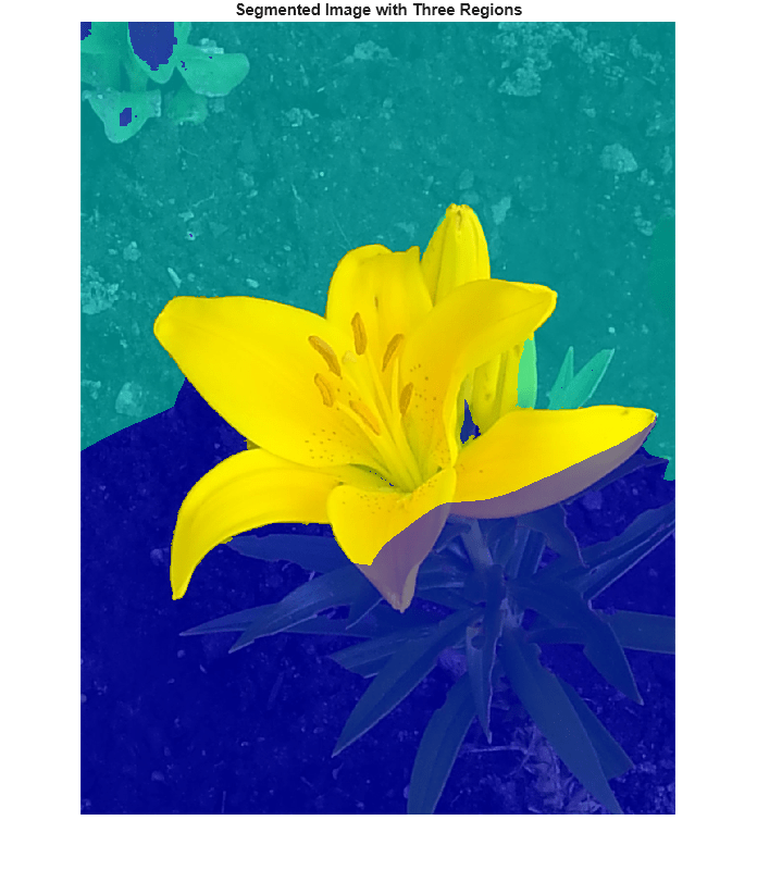 Figure contains an axes object. The hidden axes object with title Segmented Image with Three Regions contains an object of type image.