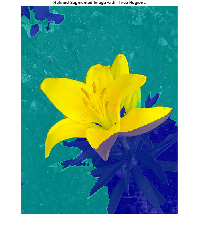 Figure contains an axes object. The hidden axes object with title Refined Segmented Image with Three Regions contains an object of type image.