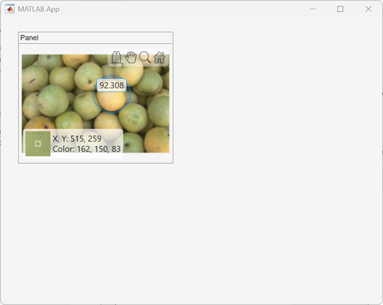 App Designer app window with a panel container in the top-left corner. The panel contains an image of pears with a circular ROI.