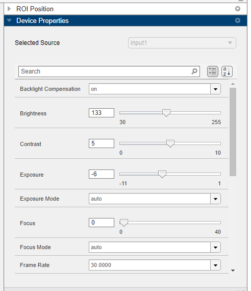 Device Properties panel in Image Acquisition Explorer