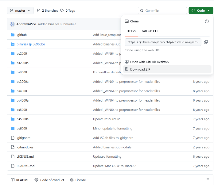 PicoScope binaries by model