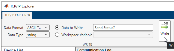 TCP/IP Explorer app Write section for ASCII data.