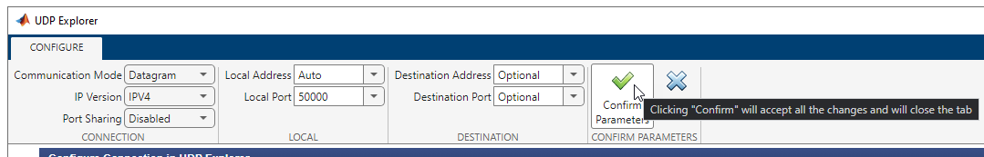 UDP Explorer app with connection parameters.