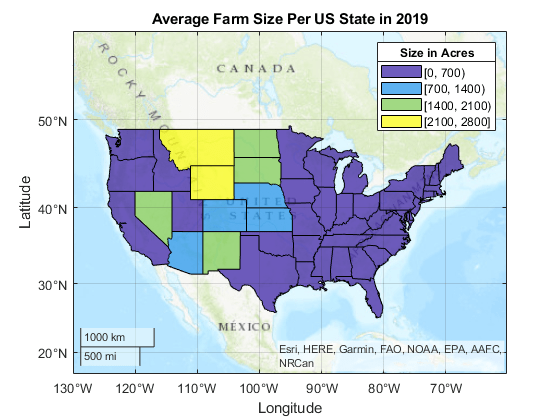 Geographic axes showing average farm size per US state in 2019. The map uses a topographic basemap.