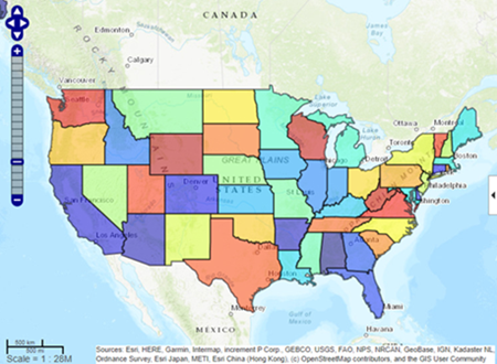 Web map showing polygons plotted over the conterminous United States. The map uses a topographic basemap.