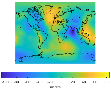 World map showing geoid heights. The colormap displays the largest negative geoid height in dark blue. As the geoid height increases, the colors transition to lighter blue, green, orange, and yellow.