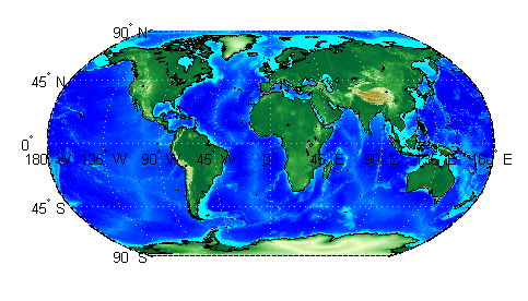 World map displaying global land topography and ocean bathymetry data