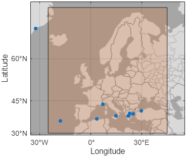 The same points and polygon. The limits of the geographic axes are reduced to the bounds of the polygon, with some buffer to maintain the aspect ratio of the map.