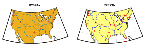 Comparison of points, lines, and polygons in R2024a and R2023b. In R2024a, the points are dark red, the lines are soft blue, and the polygons are dark orange. In R2023b, the points are bright red, the lines are bright blue, and the polygons are light yellow.