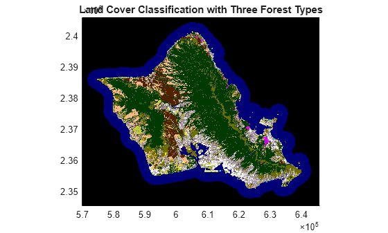 Figure contains an axes object. The axes object with title Land Cover Classification with Three Forest Types contains an object of type image.