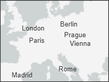 City names displayed on a map of Europe