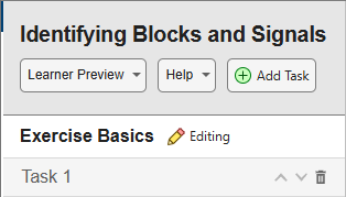 Task pane that contains entries for Exercise Basics and Task 1 and an Add Task button