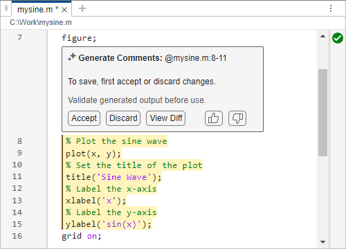 Code file in the Editor, showing highlighted code with added comments and a box labeled "Generate Comments." The box has buttons labeled "Accept," "Discard," and "View Diff," as well as buttons to provide positive or negative feedback.