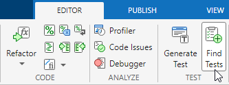 Close-up view of the MATLAB Toolstrip showing a mouse pointing to the Find Tests button