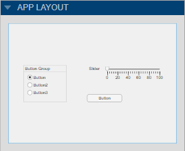 App Layout showing a thumbnail of an app that contains a radio button group, a slider and a push button.