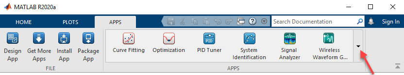 Apps tab of the MATLAB Toolstrip with icons of some installed apps and drop-down arrow on the far right