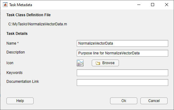 Task Metadata dialog box with the required task metadata prepopulated