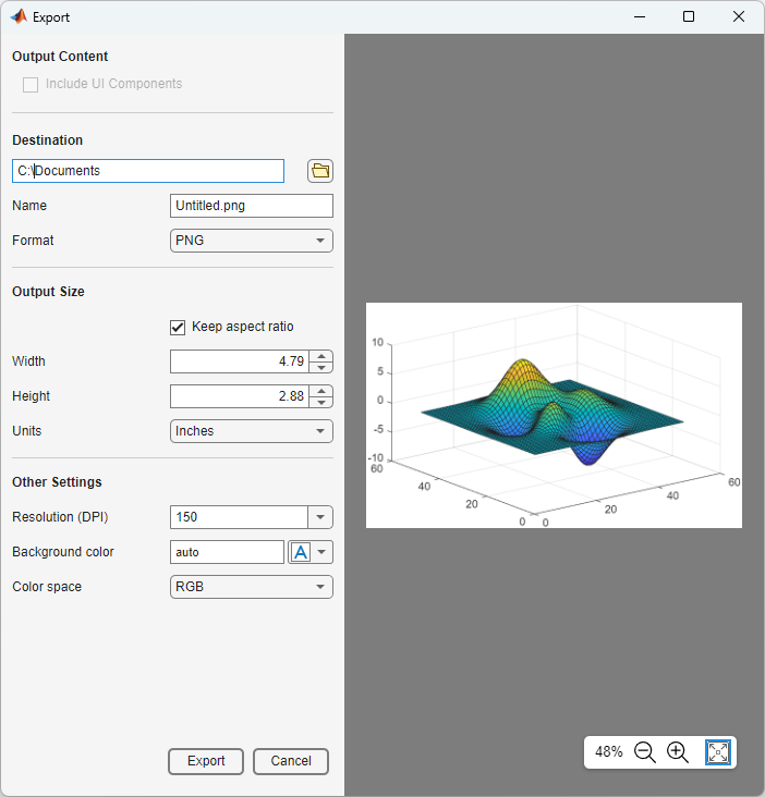 Export dialog box showing export options and a preview of a plot