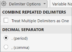 The delimiter options are treat multiple delimiters as one, a period decimal separator, or a comma decimal separator