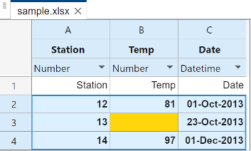 Import Tool displays three table variables of sample data from the file sample.xlsx