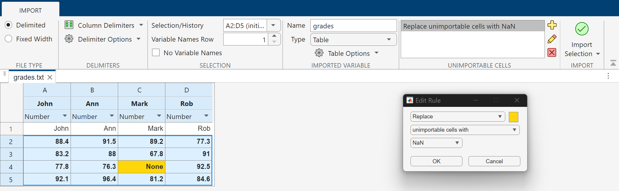 The Edit Rule dialog specifies that the Import Tool replaces the unimportable cells highlighted in orange with NaN