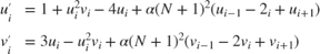 $$ \begin{array}{cl} u'_i &= 1+u_i^2v_i-4u_i+ \alpha \left( N + 1 \right)
^2 \left( u_{i-1}-2_i+u_{i+1} \right)\\ v'_i &= 3u_i-u_i^2v_i + \alpha
\left( N+1 \right) ^2 \left( v_{i-1} - 2v_i+v_{i+1} \right) \end{array}$$