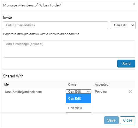 Manage Members window showing a list of folder members with an open drop-down list next to one of the folder members. The drop-down list has two options, "Can Edit" and "Can View".