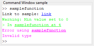 Command Window sample panel showing error text in magenta and warning text in green