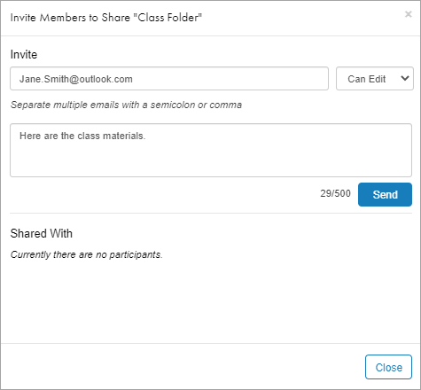 Invitation form to share a folder named Class Folder with an example email address, editing permissions, and message filled in. The invitation form displays existing and pending folder members.