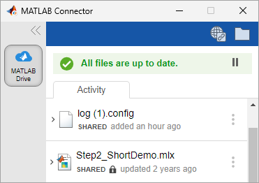 Activity tab of the MATLAB Drive Connector, with shared files indicated by the word SHARED and read-only files indicated with a padlock icon