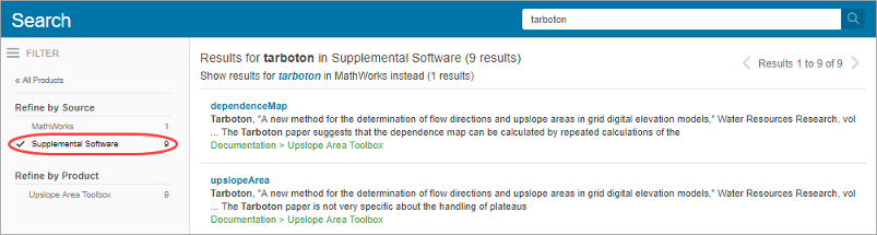 Documentation showing search results for the term "tarboton" in Supplemental Software. On the left, in the Refine by Source section, the Supplemental Software filter is selected.