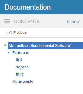 Documentation with My Toolbox (Supplemental Software) selected and expanded on the left side. My Toolbox contains a Functions section and an entry named My Example. The Functions section contains three functions.