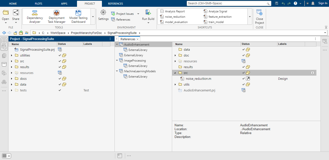 The illustration shows the parent project open on the left and the References tree on the right. In the References tree, one project is selected to show all files in the selected project.