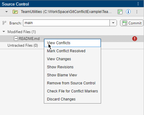 Git repository in the Source Control panel with one file conflict