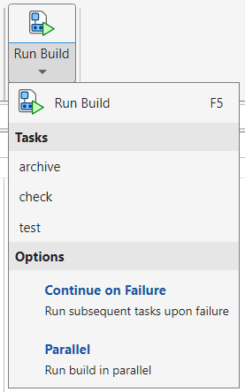 Menu displayed as a result of clicking Run Build. The menu has two sections. The Tasks section lists the "archive", "check", and "test" tasks. The Options section includes the Continue on Failure and Parallel build options.